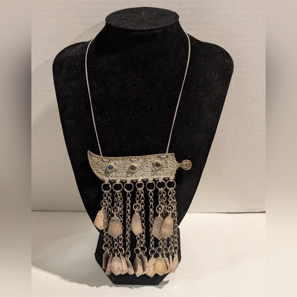 Artisan Vintage artisan necklace with 3 beads with a large ornate pendant.